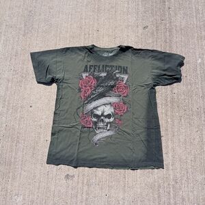 Affliction Men’s Graphic T-Shirt Skull Raven Roses Green Short Sleeve Size XL